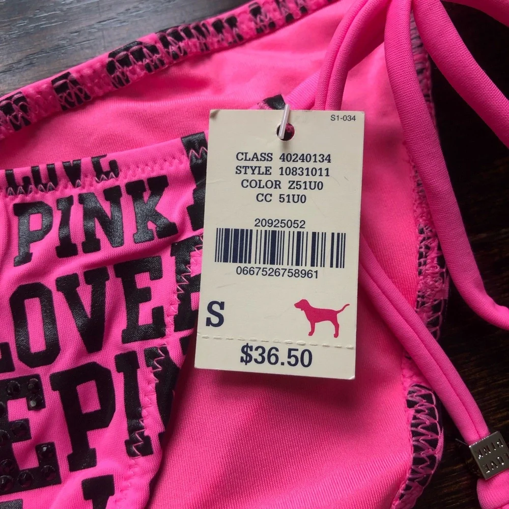 PINK Victoria’s Secret Love Pink Print Ruched Rhinestone Bikini Bottom - Picture 8 of 16